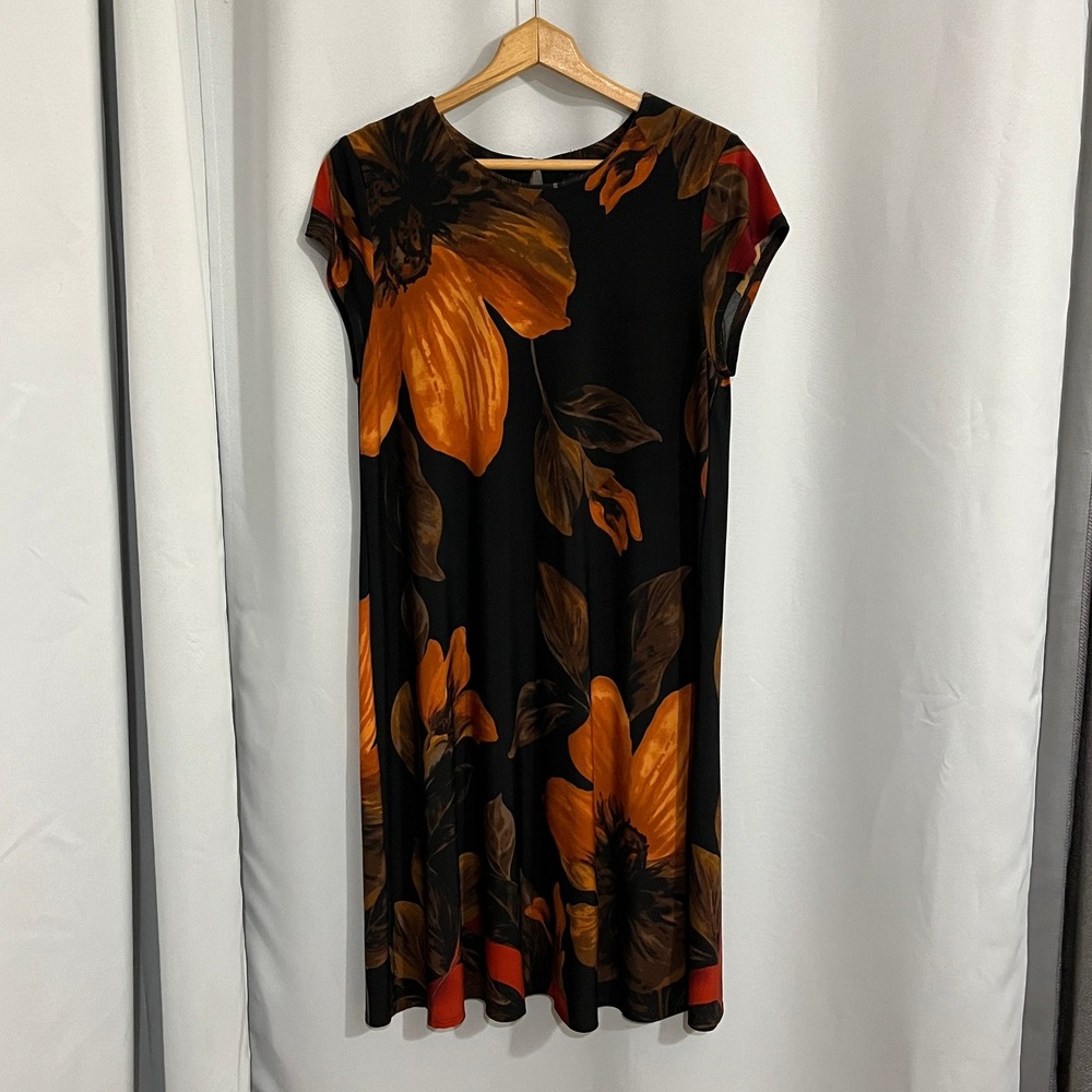 Madison Leigh Floral Jersey Shift Dress Women 14 Black‎ Midi Retro Autumn Brunch